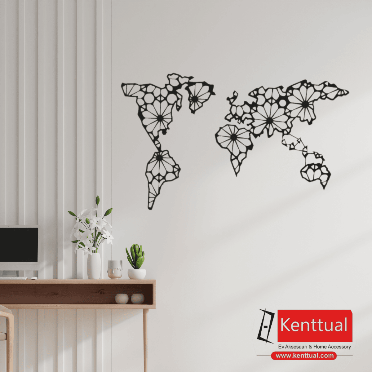Çiçekli Dünya Haritası Metal Duvar Dekoru