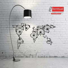 Çiçekli Dünya Haritası Metal Duvar Dekoru