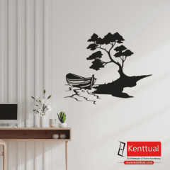 Ağaç Altında Kayık Metal Duvar Dekoru