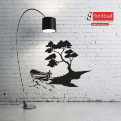 Ağaç Altında Kayık Metal Duvar Dekoru