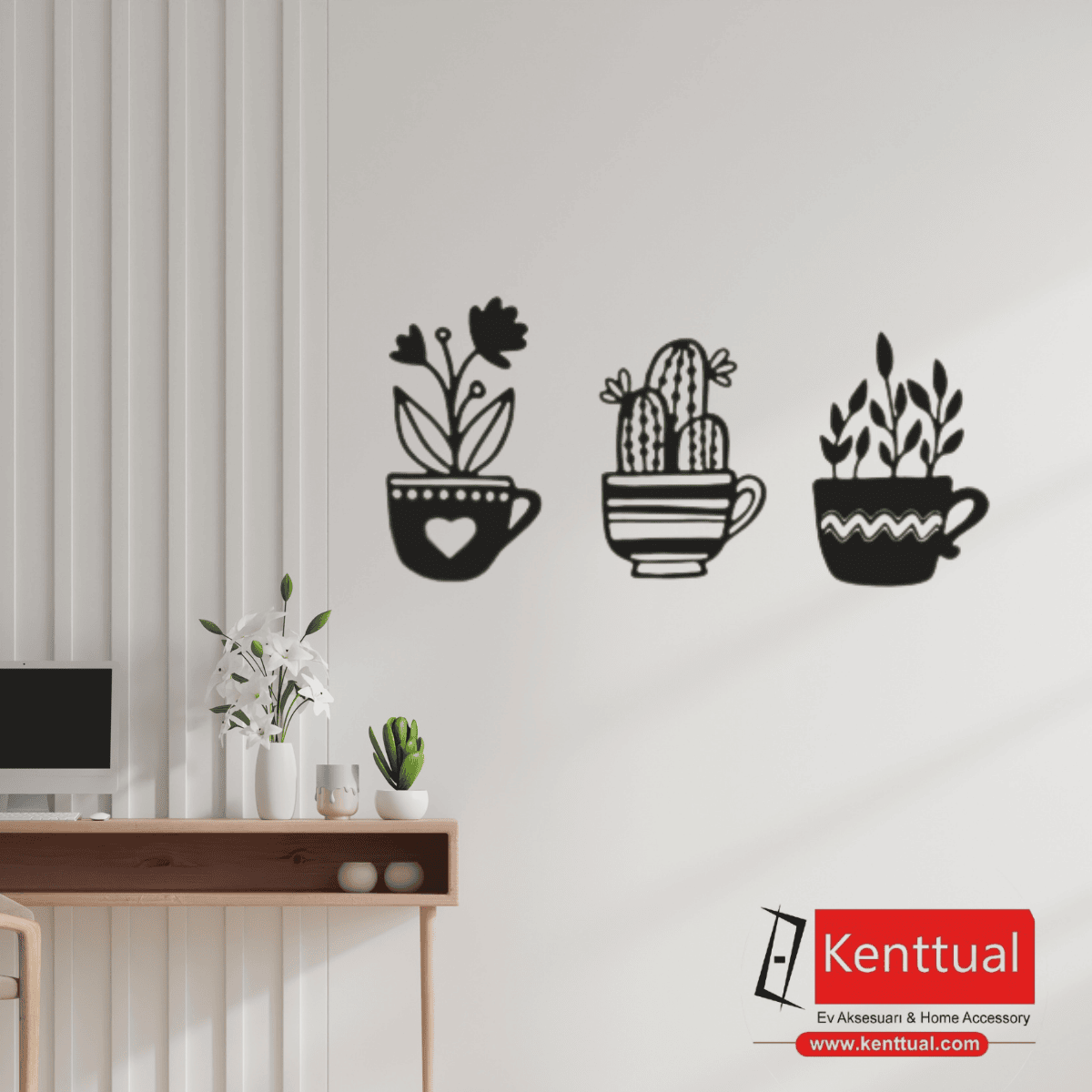 3 Bardakta Çiçek ve Kaktüs Metal Duvar Dekoru