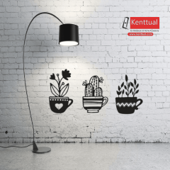 3 Bardakta Çiçek ve Kaktüs Metal Duvar Dekoru