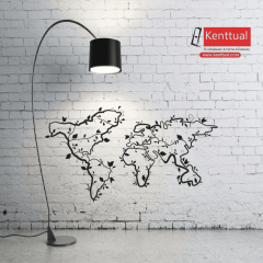 Yaprak Desenli Dünya Haritası Metal Duvar Dekoru