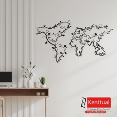Yaprak Desenli Dünya Haritası Metal Duvar Dekoru