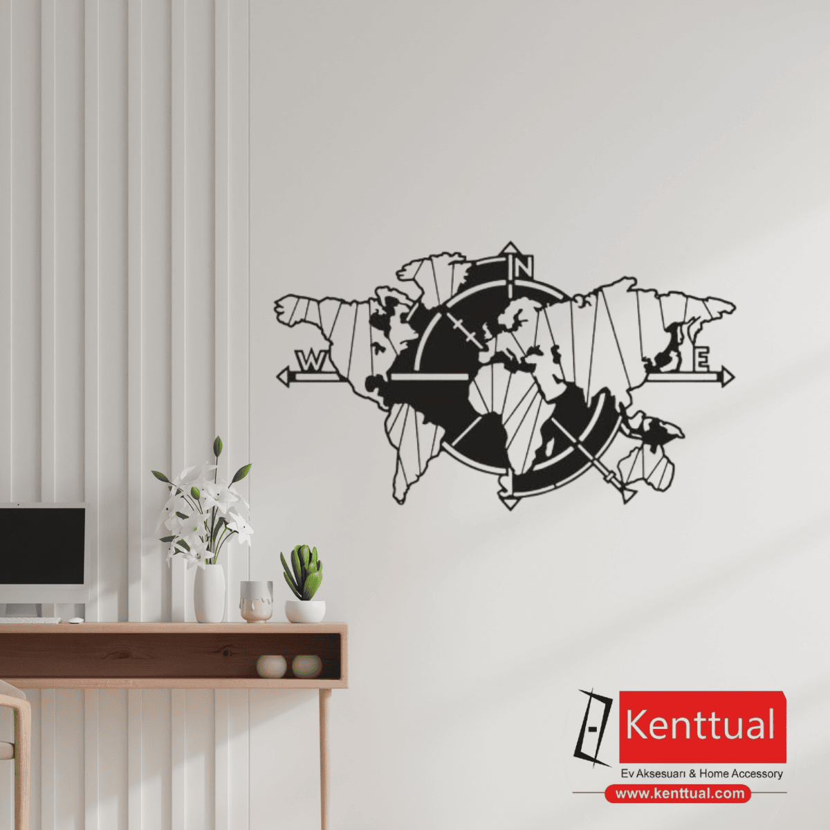 Pusula ve Dünya Haritası Metal Duvar Dekoru