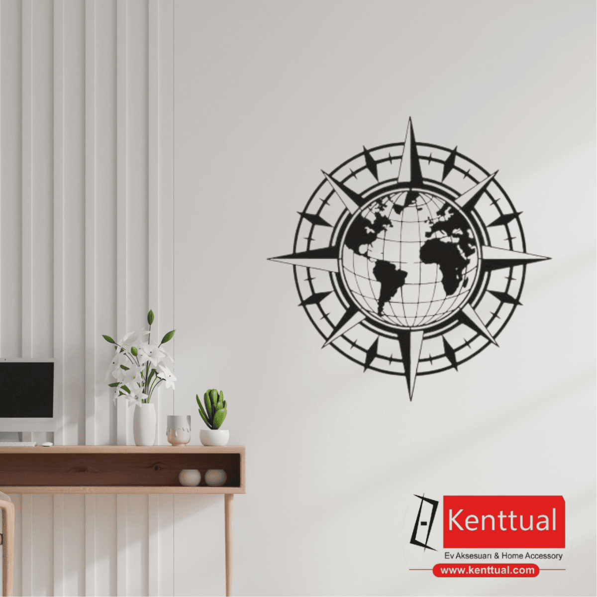 Dünya Haritalı Pusula Metal Duvar Dekoru