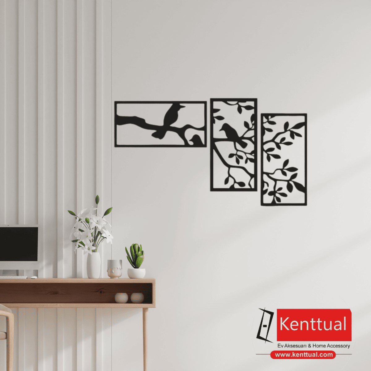 Üçlü Kuş Figürlü Metal Duvar Dekoru