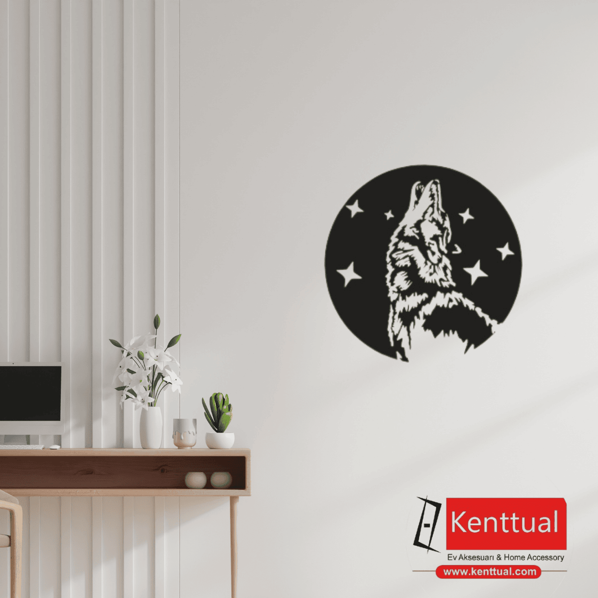 Yıldızlı Uluyan Kurt Metal Duvar Dekoru