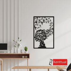 Kadın Silüeti ve Uçan Kuşlar Metal Duvar Dekoru