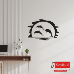 Güneş Batışında Yüzen Yunuslar Metal Duvar Dekoru