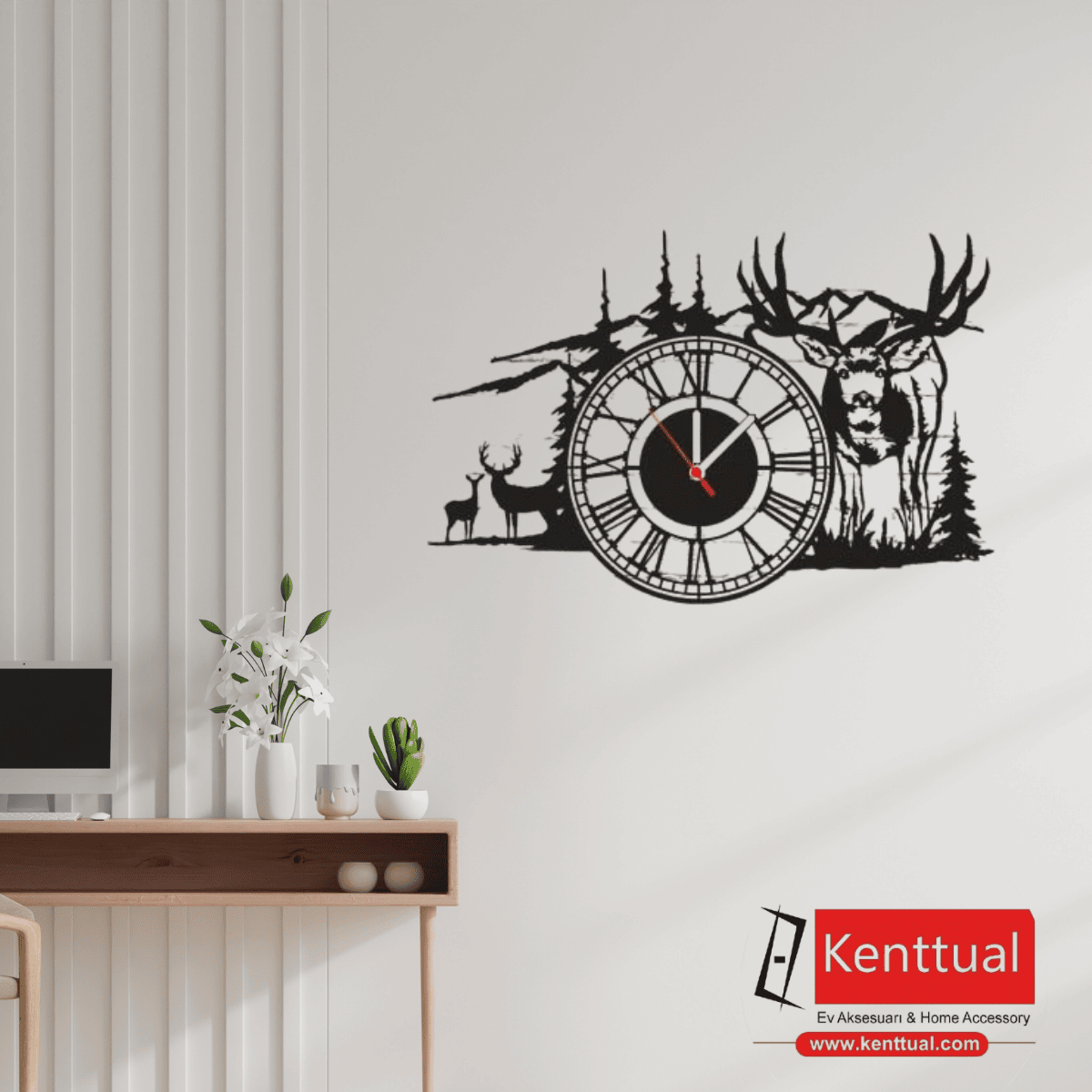 Doğa ve Geyik Temalı Metal Duvar Saati