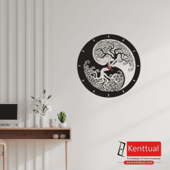 Yin Yang Ağaç Tasarımlı Metal Duvar Saati